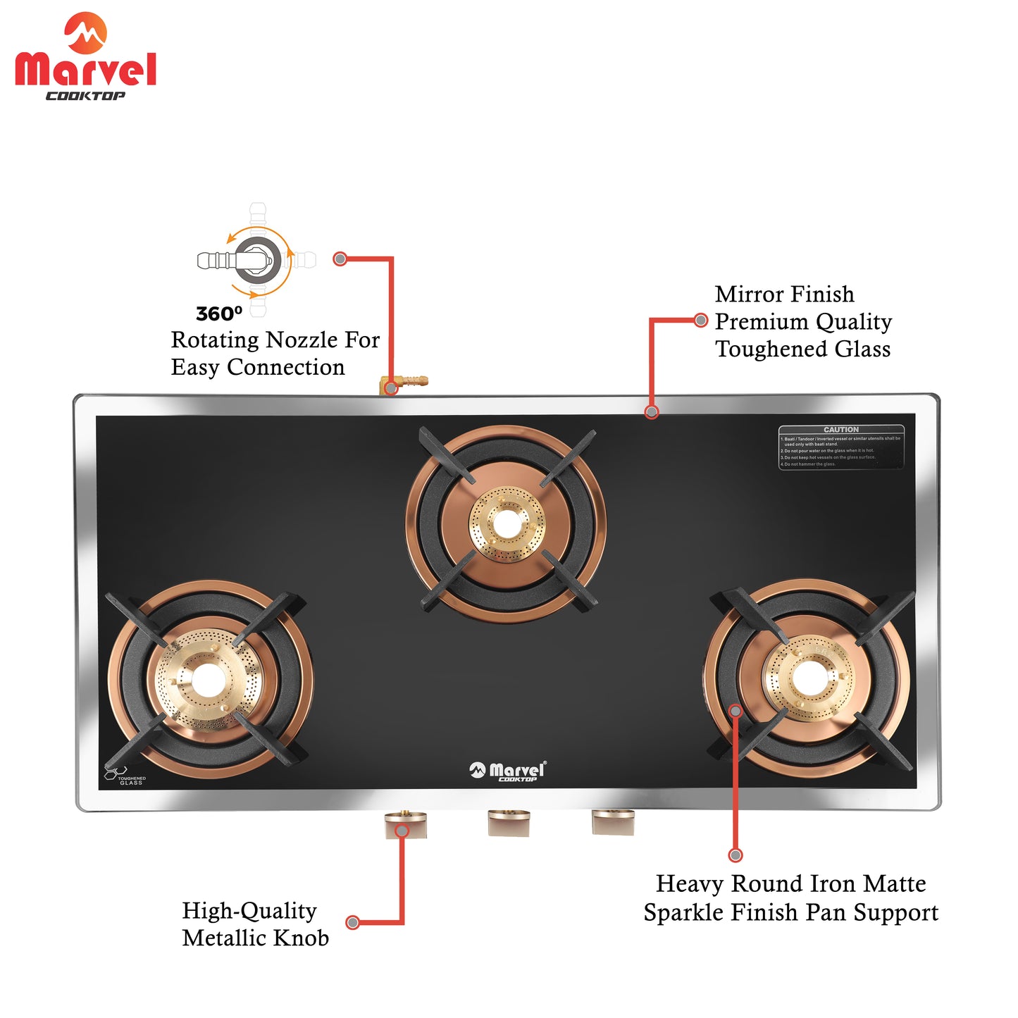 Cooktop Marvel – 3 Burner Premium LPG Gas Stove | Side Mirror Glass, Rose Gold SS Mirror Frame, Round Pan Support | Brass Top (WEGO – 3501)