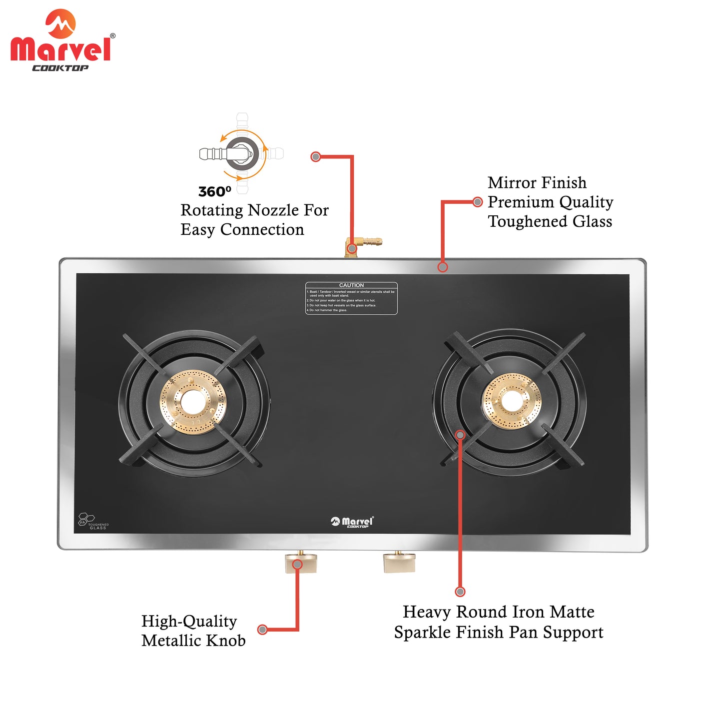 Cooktop Marvel – 2 Burner Side Mirror Glass Gas Stove with Black SS Mirror Finish Frame, Round Pan Support, Brass Top (WEGO - 2501)