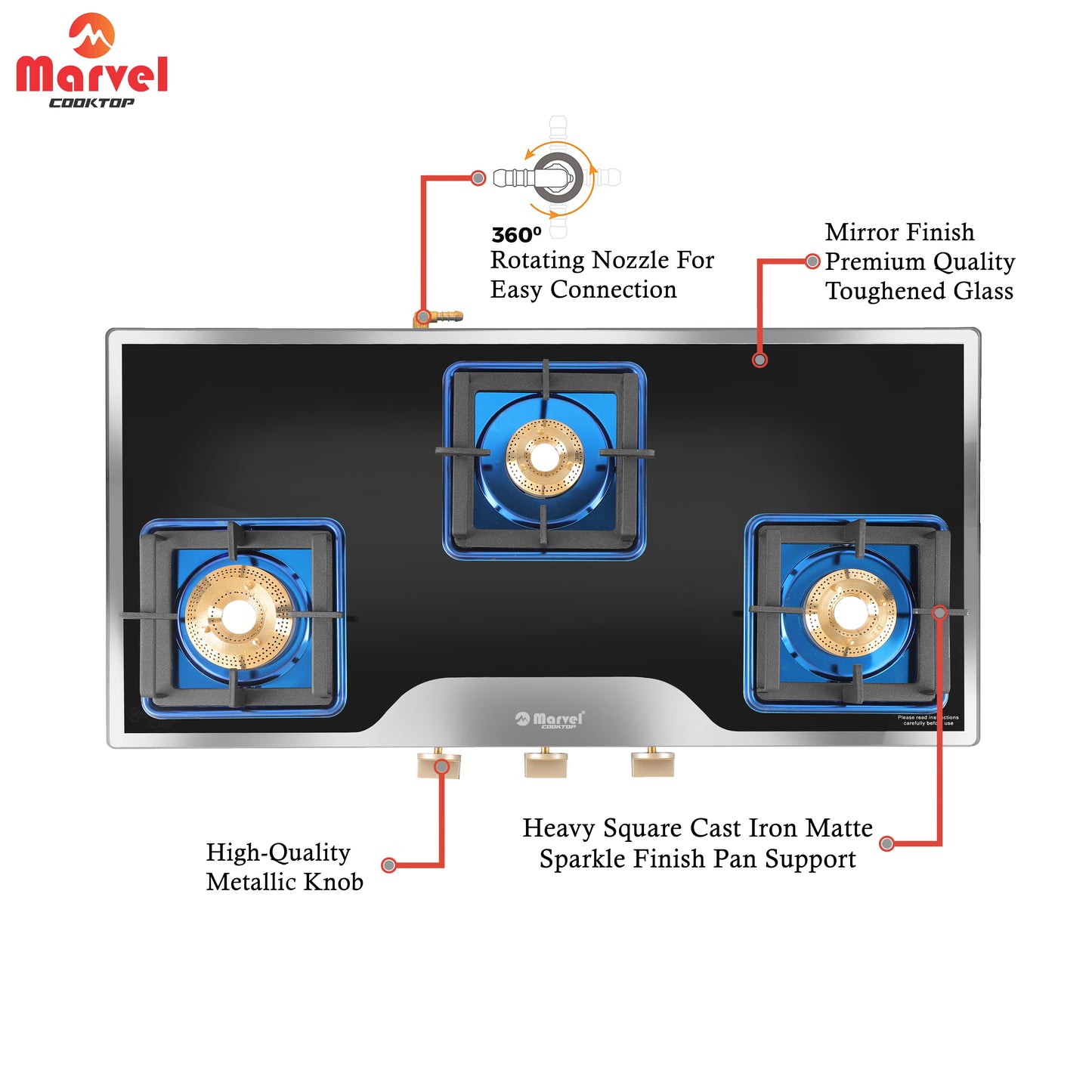 Cooktop Marvel – 3 Burner Premium LPG Gas Stove | Elite Mirror Glass, Blue SS Mirror Frame, Square Pan Support | Brass Top (BEAST – 3503)