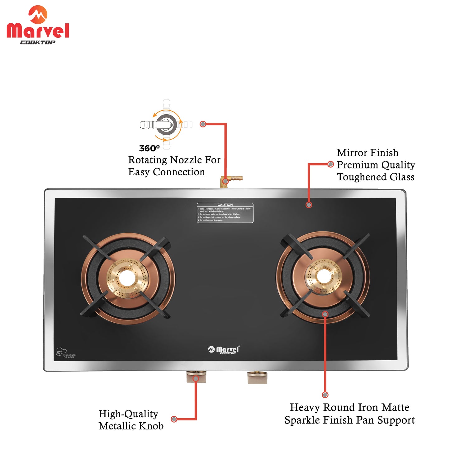 Cooktop Marvel – 2 Burner Side Mirror Glass Gas Stove with Rose Gold SS Mirror Finish Frame, Round Pan Support, Brass Top (WEGO - 2501)