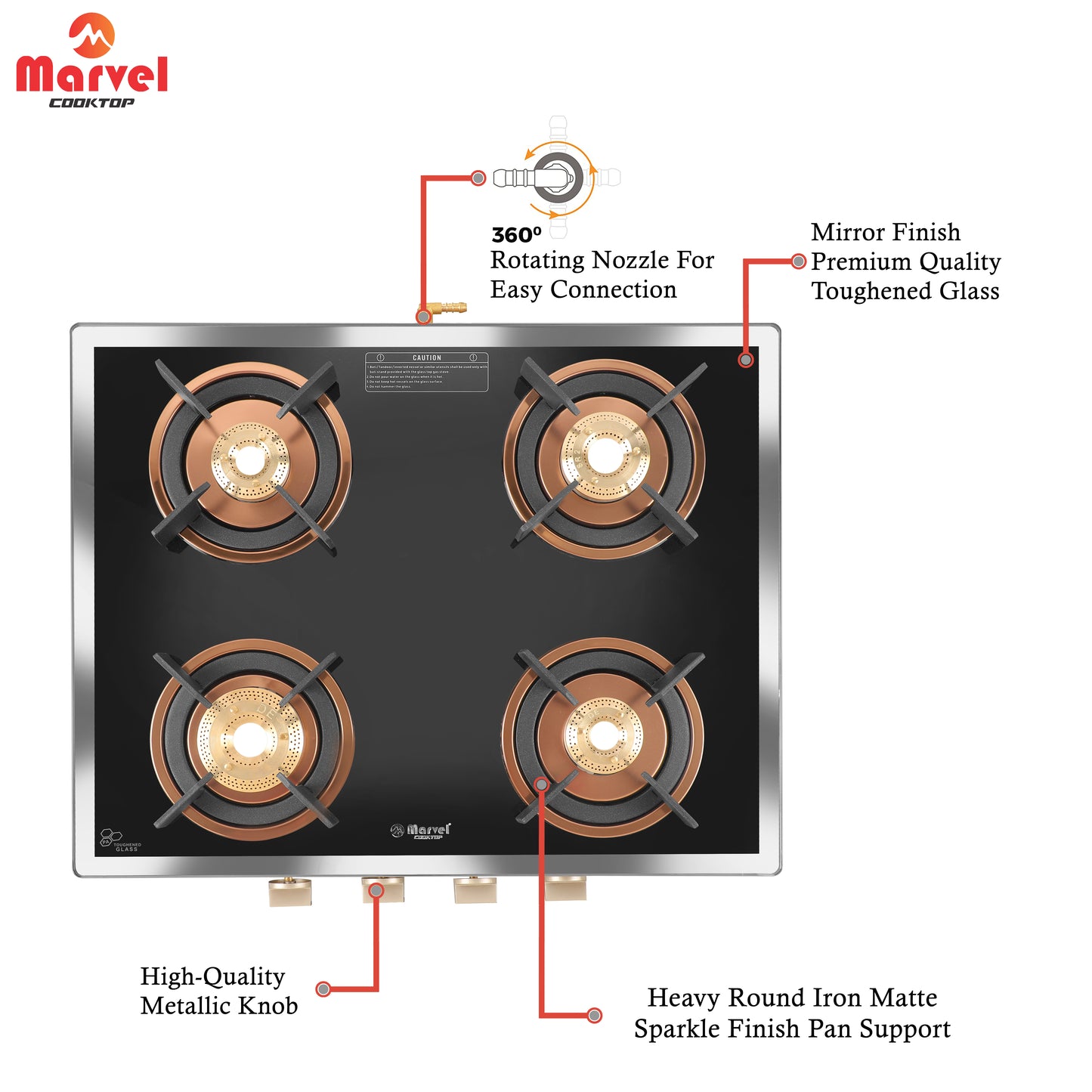 Cooktop Marvel – 4 Burner Premium Glass Gas Stove | Side Mirror Glass, Rose Gold SS Mirror Frame, Round Pan Support | Brass Top, Manual Ignition, LPG Compatible (WEGO – 4501)