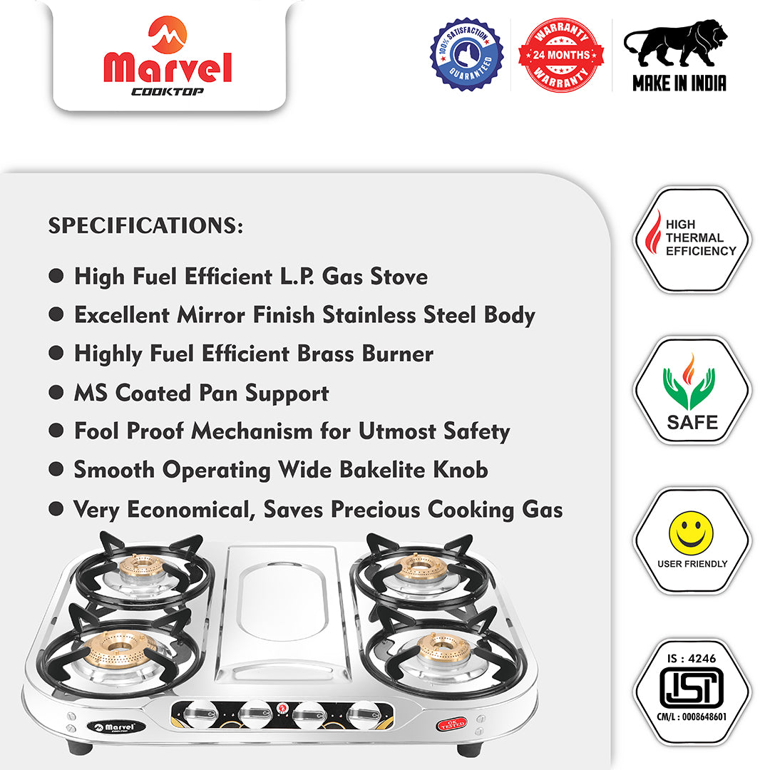 Cooktop Marvel – 4 Burner Plus Glain Stainless Steel LPG Gas Stove | Jumbo Brass Burner | Manual Ignition (TYPHON – 4201)