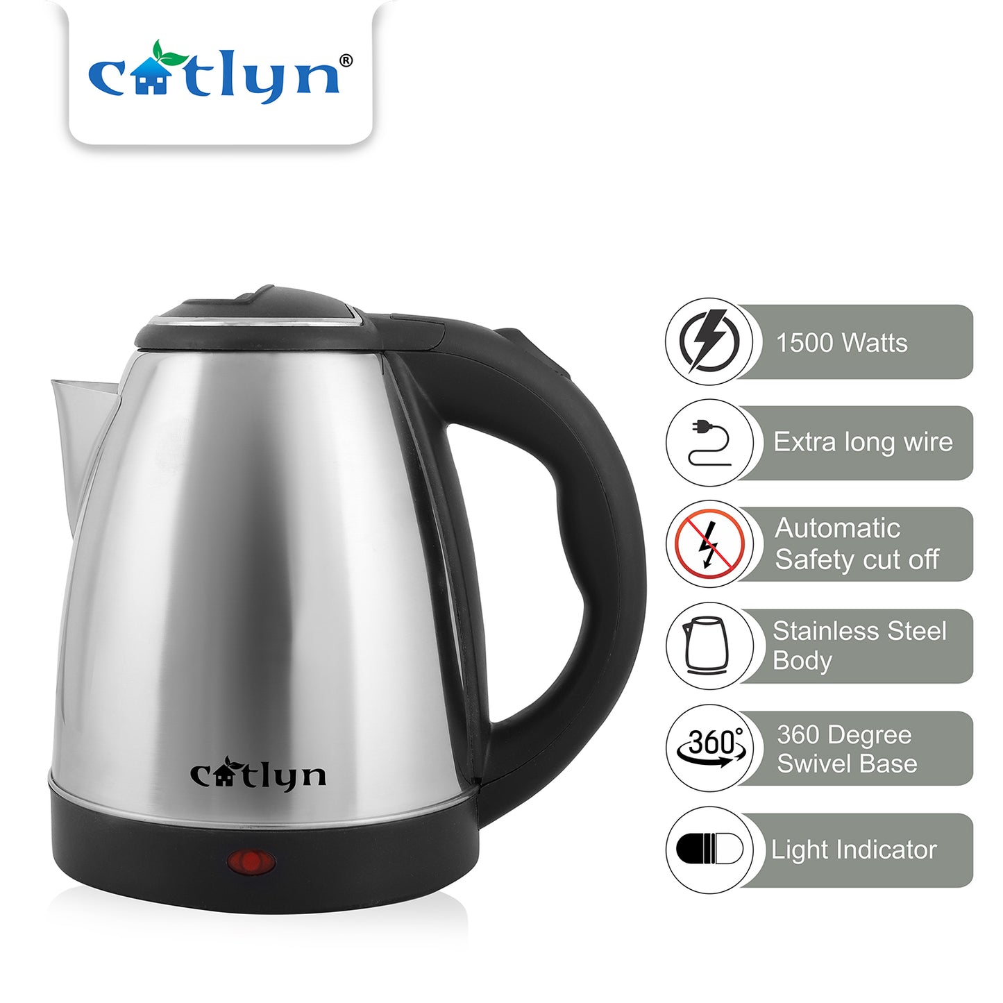 Catlyn – LUFFY Stainless Steel Electric Kettle (1500W, Silver & Black)