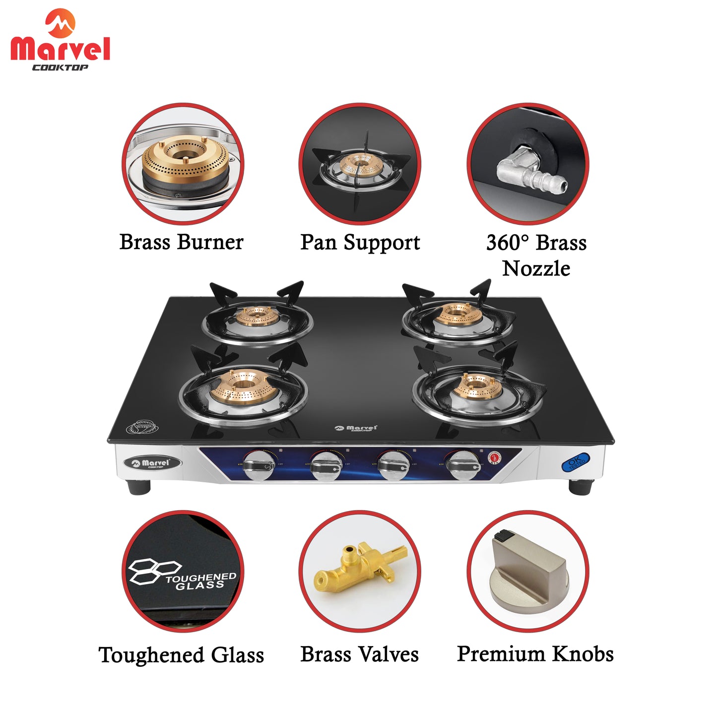Cooktop Marvel – 4 Burner Gas Stove | Crystal Black Glass, SS Frame | Jumbo Brass Burner | Manual Ignition, LPG Compatible (PHASTOS SS – 4403)