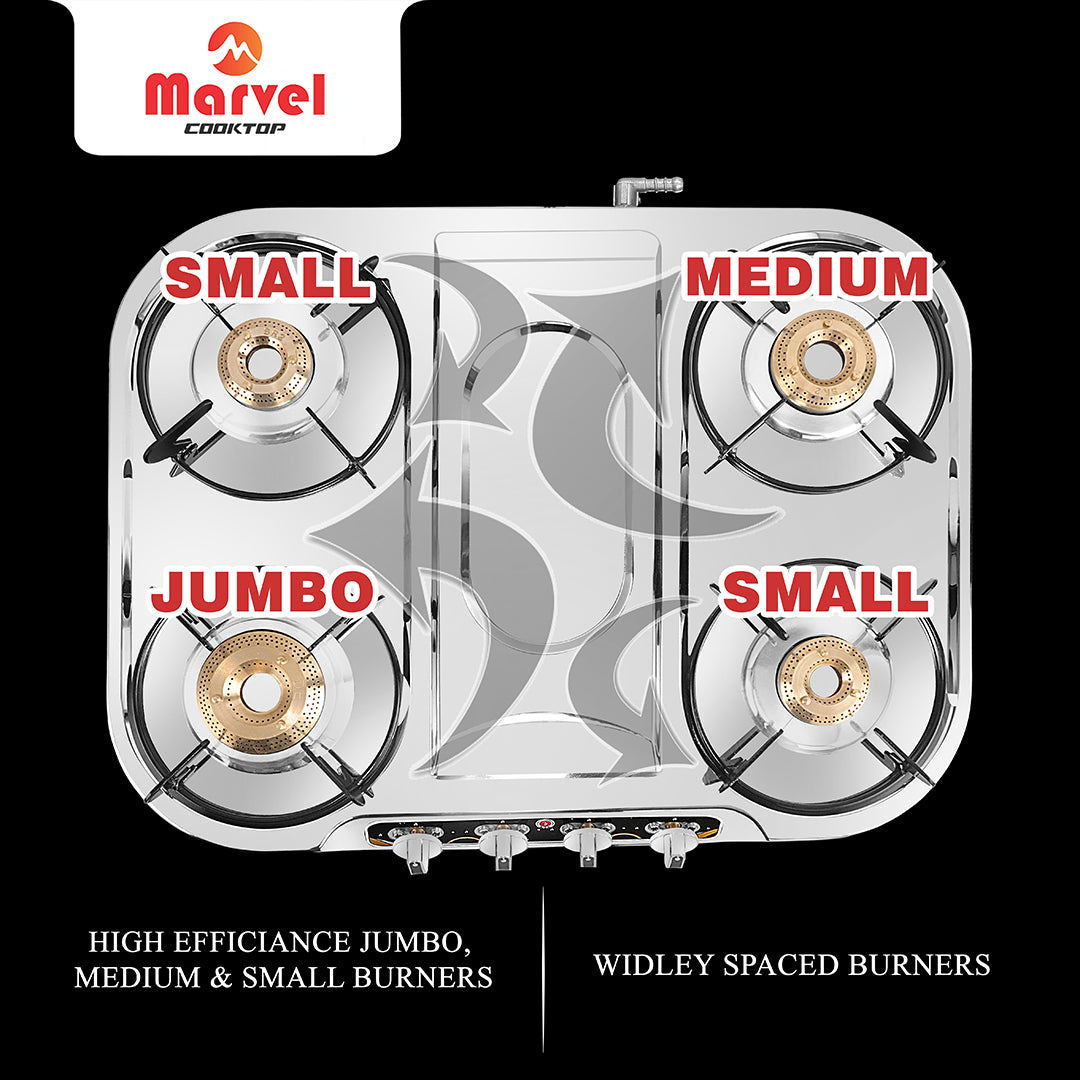 Cooktop Marvel – 4 Burner Plus Glain Stainless Steel LPG Gas Stove | Jumbo Brass Burner | Manual Ignition (TYPHON – 4201)