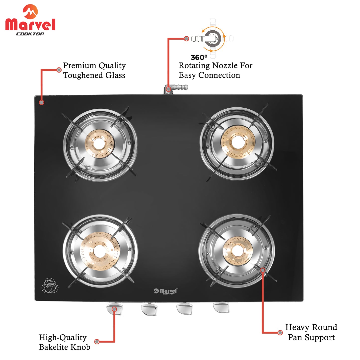 Cooktop Marvel – 4 Burner Gas Stove | Crystal Black Glass, SS Frame | Jumbo Brass Burner | Manual Ignition, LPG Compatible (PHASTOS SS – 4403)