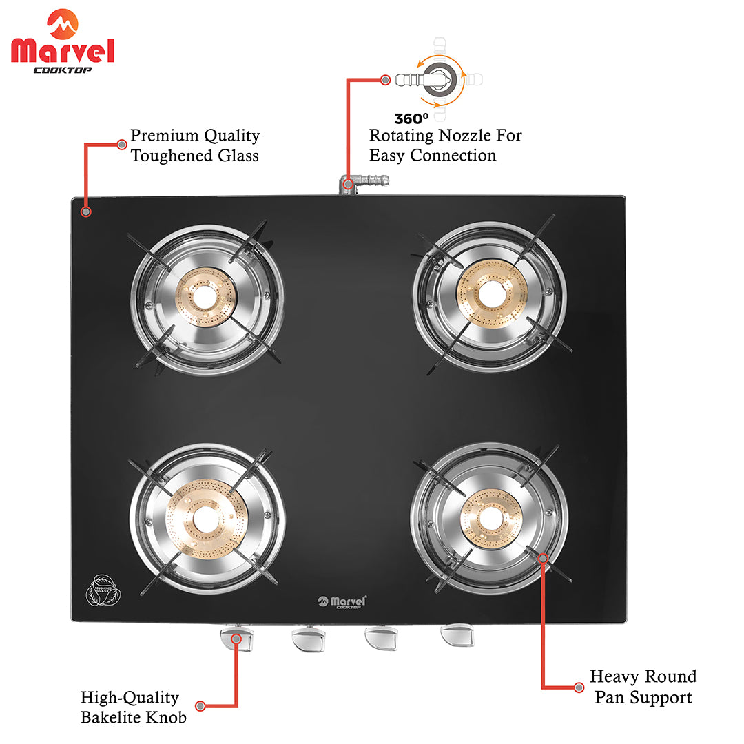 Cooktop Marvel – 4 Burner Gas Stove | Crystal Black Glass, SS Frame | Regular Brass Burner | Manual Ignition, LPG Compatible (PHASTOS SS – 4401)