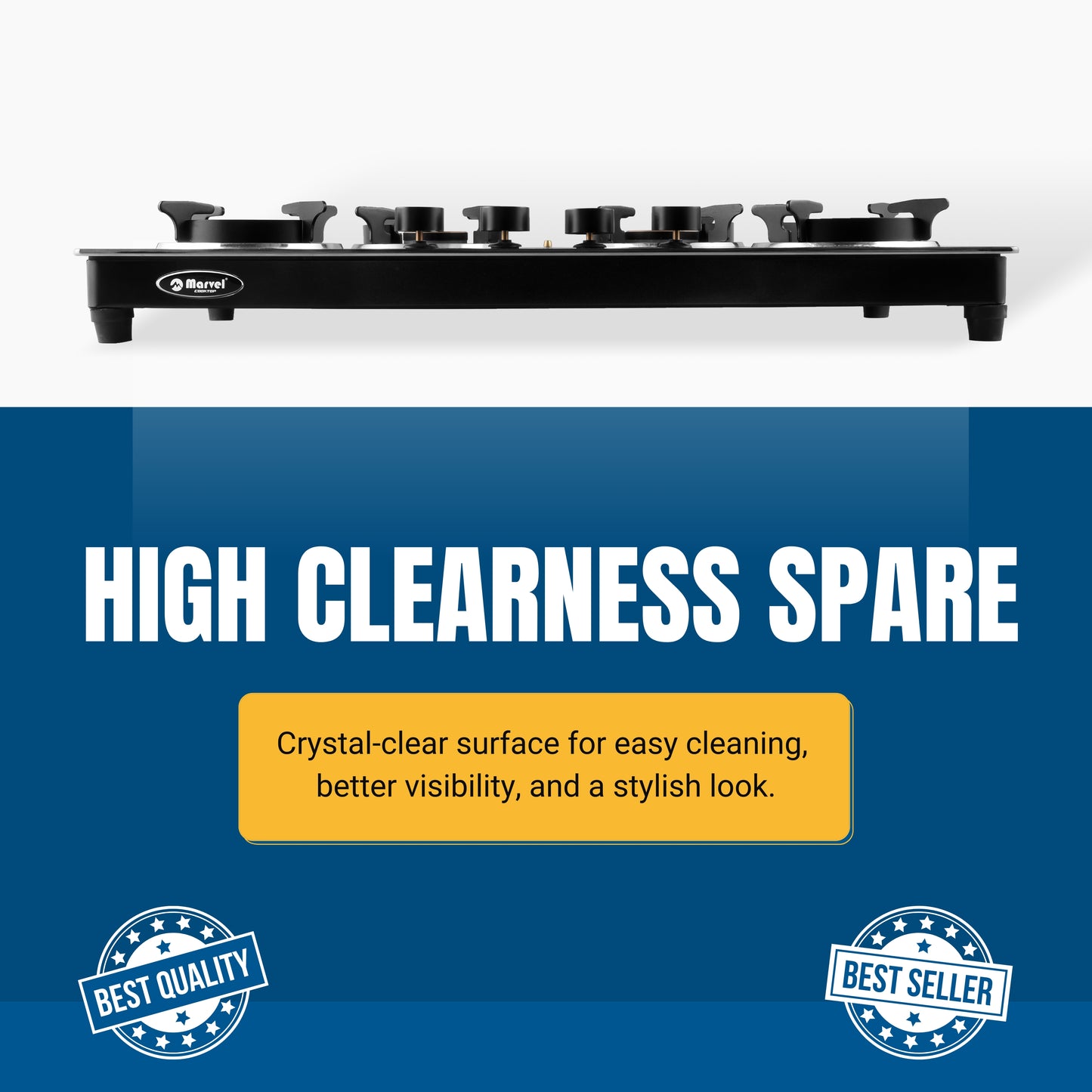 Cooktop Marvel – 4 Burner Hob Top Glass Gas Stove | Side Mirror Glass, Round Pan Support | 6G Brass Top, Manual Ignition, LPG Compatible (SONIC – 4704)