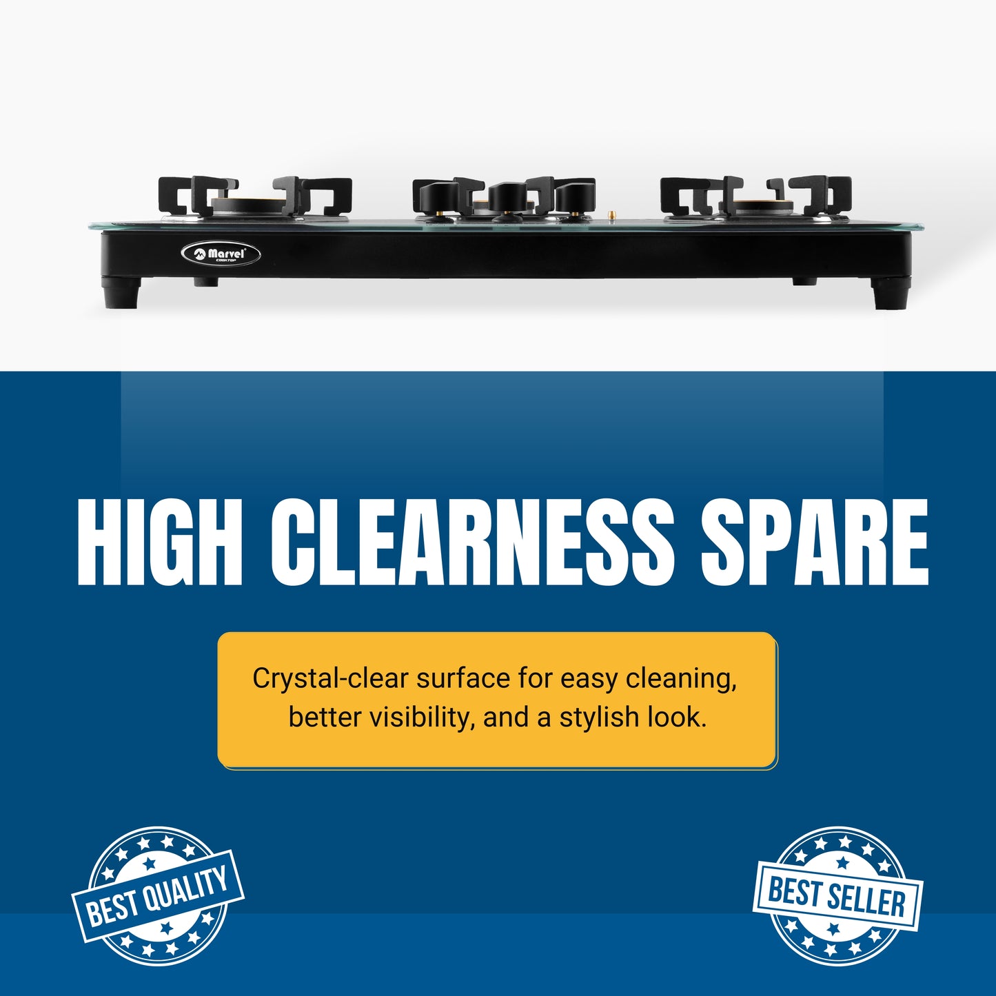 Cooktop Marvel – 3 Burner Hob Top Glass Gas Stove | Black Glass, Hexa Pan Support | 6G Brass Burner, Manual Ignition, LPG Compatible (ELECTRO – 3703)