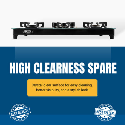 Cooktop Marvel – 3 Burner Hob Top Glass Gas Stove | Black Glass, Hexa Pan Support | 6G Brass Burner, Manual Ignition, LPG Compatible (ELECTRO – 3703)