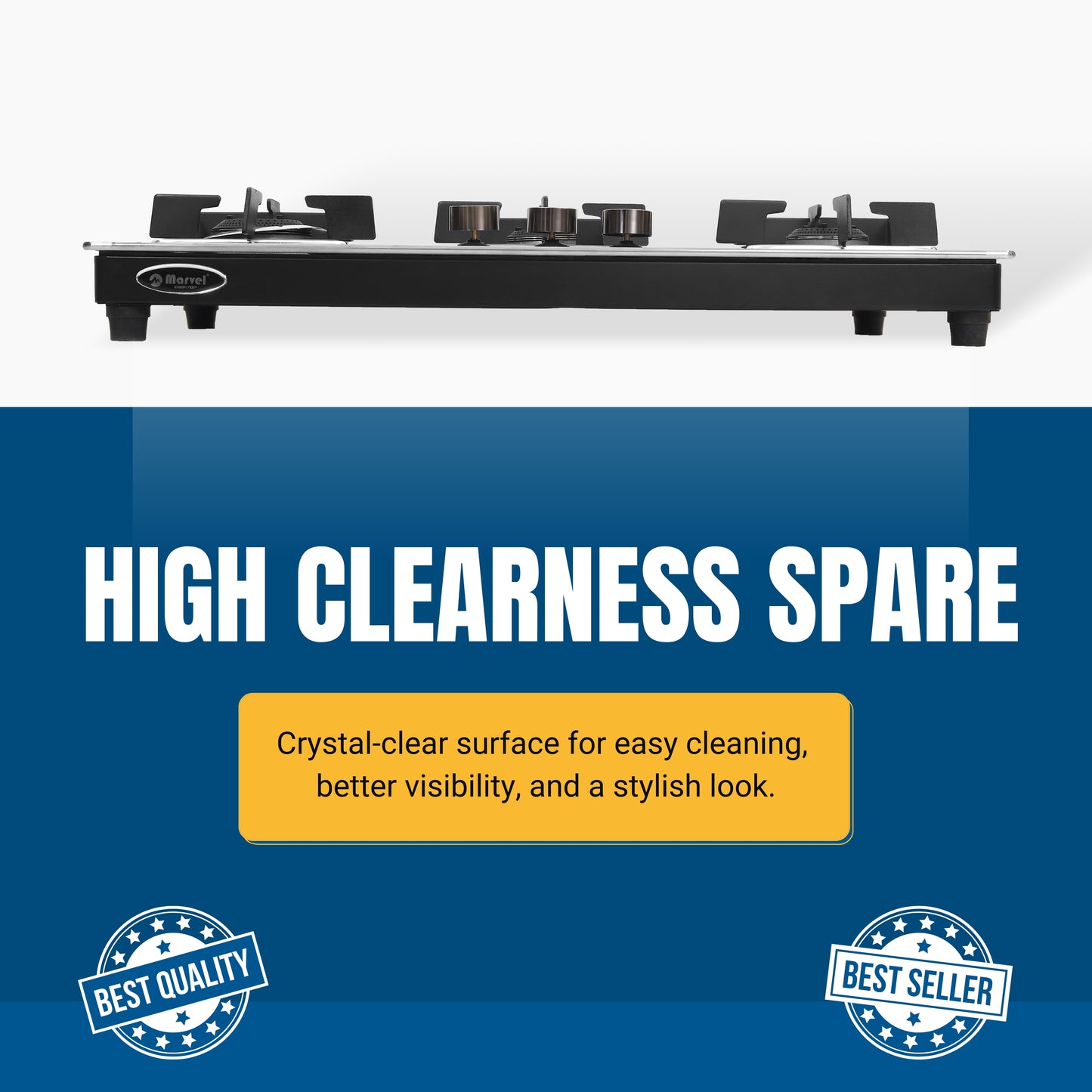 Cooktop Marvel – 3 Burner Hob Top Glass Gas Stove | Elite Mirror Glass, Hexa Pan Support | Brass Burner, Manual Ignition, LPG Compatible (OMEGA – 3702)