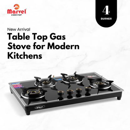 Cooktop Marvel – 4 Burner Hob Top Glass Gas Stove | Side Mirror Glass, Round Pan Support | 6G Brass Top, Manual Ignition, LPG Compatible (SONIC – 4704)