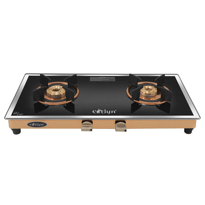 Catlyn - 2 Burner Side Mirror Glass Gas Stove with Rose Gold SS Mirror Finish Frame, Round Pan Support, Brass Top (WEGO - 2501)