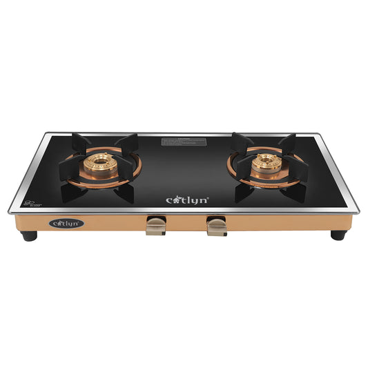 Catlyn - 2 Burner Side Mirror Glass Gas Stove with Rose Gold SS Mirror Finish Frame, Round Pan Support, Brass Top (WEGO - 2501)