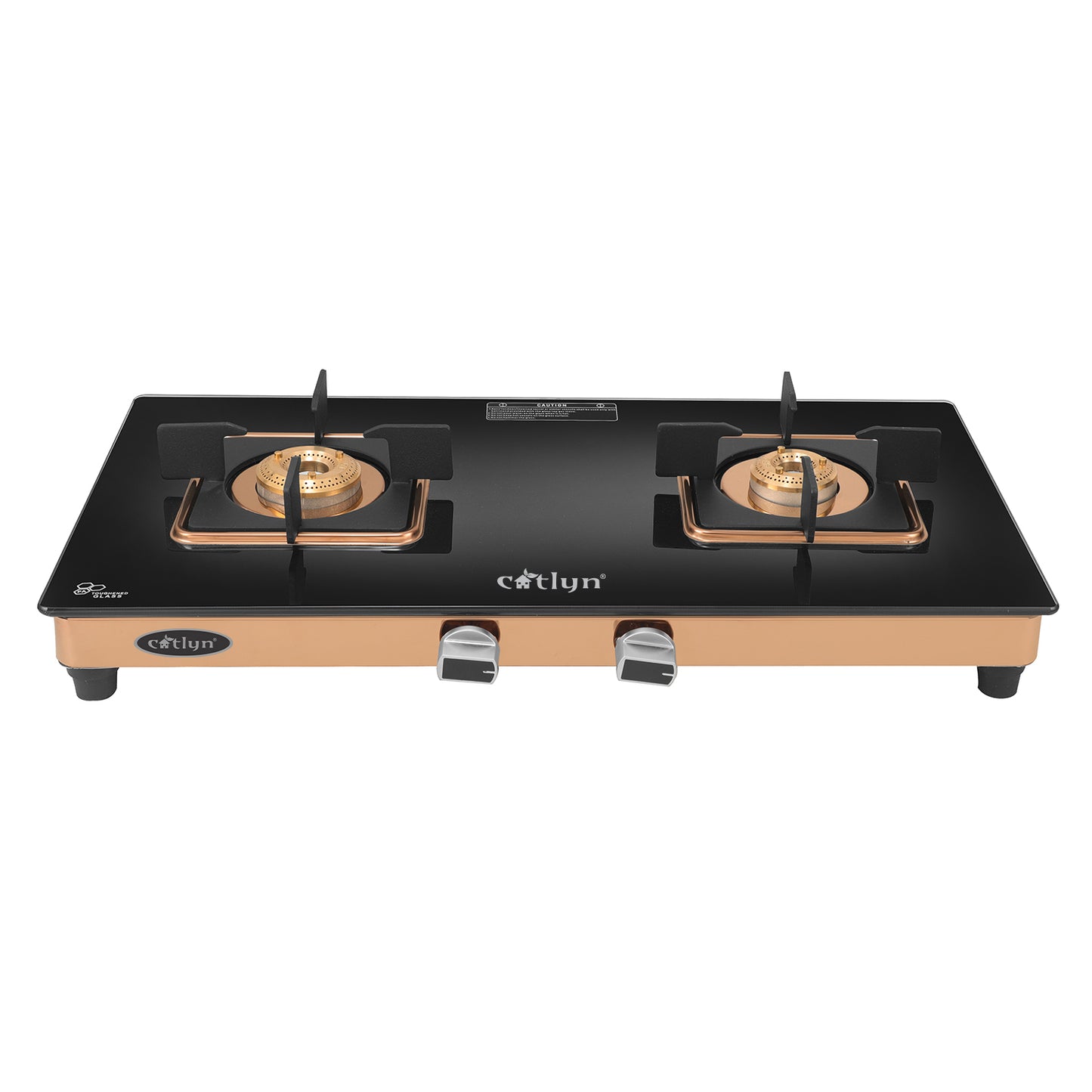 Catlyn - 2 Burner Crystal Black Glass Gas Stove with Rose Gold SS Mirror Finish Frame, Square Pan Support, Brass Top (DOOM - 2502)
