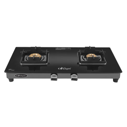 Catlyn - 2 Burner Crystal Black Glass Gas Stove with Black SS Mirror Finish Frame, Square Pan Support, Brass Top (DOOM - 2502)