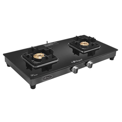 Catlyn - 2 Burner Crystal Black Glass Gas Stove with Black SS Mirror Finish Frame, Square Pan Support, Brass Top (DOOM - 2502)