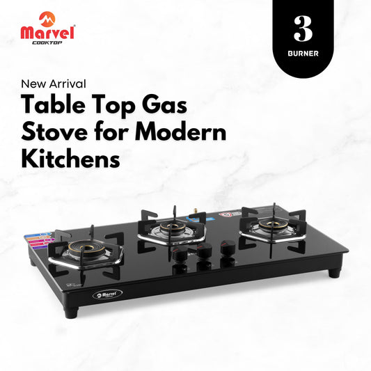 Catlyn - 3 Burner Hob Top Glass Gas Stove | Black Glass, Hexa Pan Support | 6G Brass Burner, Manual Ignition, LPG Compatible (ELECTRO - 3703)