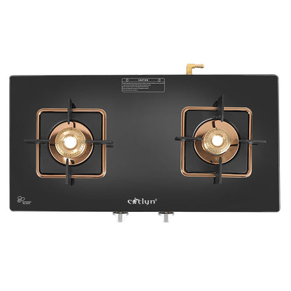 Catlyn - 2 Burner Crystal Black Glass Gas Stove with Rose Gold SS Mirror Finish Frame, Square Pan Support, Brass Top (DOOM - 2502)