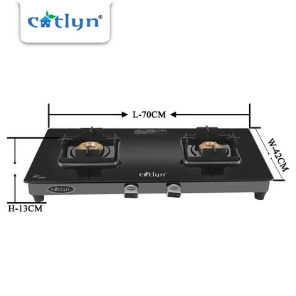 Catlyn - 2 Burner Crystal Black Glass Gas Stove with Black SS Mirror Finish Frame, Square Pan Support, Brass Top (DOOM - 2502)