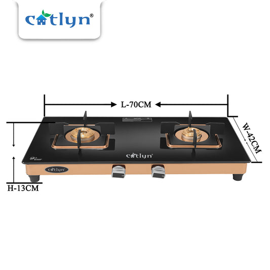 Catlyn - 2 Burner Crystal Black Glass Gas Stove with Rose Gold SS Mirror Finish Frame, Square Pan Support, Brass Top (DOOM - 2502)