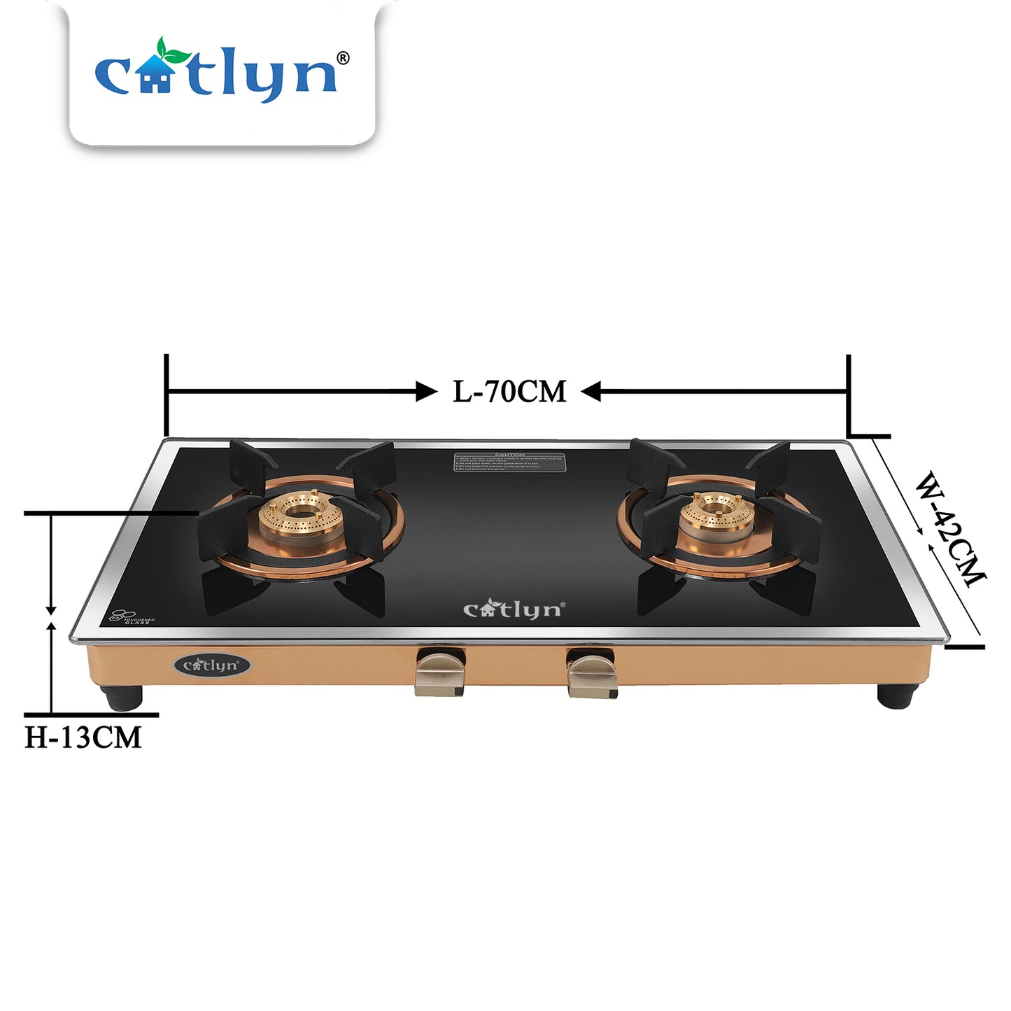 Catlyn - 2 Burner Side Mirror Glass Gas Stove with Rose Gold SS Mirror Finish Frame, Round Pan Support, Brass Top (WEGO - 2501)