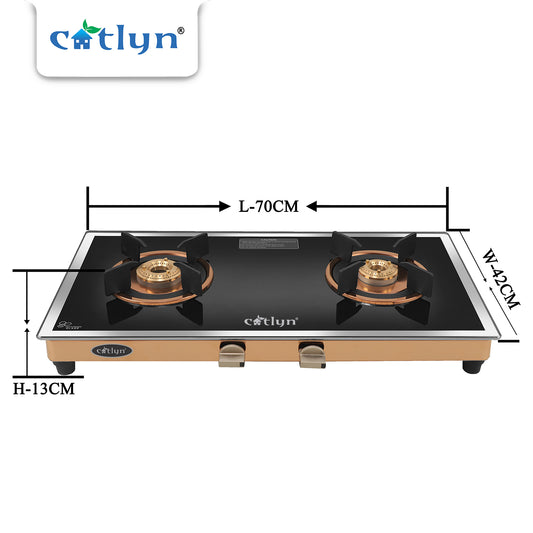 Catlyn - 2 Burner Side Mirror Glass Gas Stove with Rose Gold SS Mirror Finish Frame, Round Pan Support, Brass Top (WEGO - 2501)