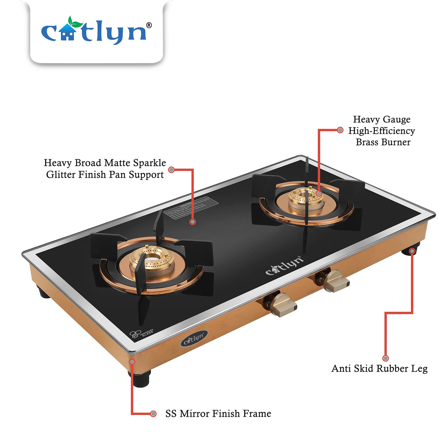 Catlyn - 2 Burner Side Mirror Glass Gas Stove with Rose Gold SS Mirror Finish Frame, Round Pan Support, Brass Top (WEGO - 2501)