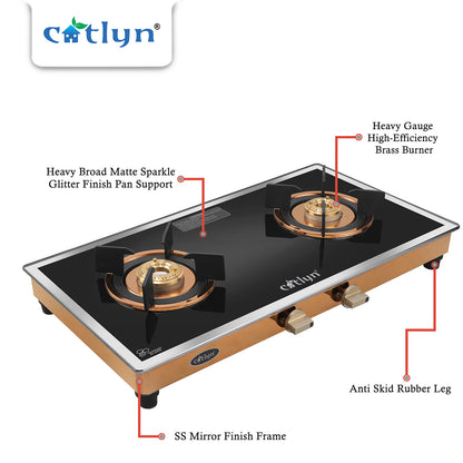 Catlyn - 2 Burner Side Mirror Glass Gas Stove with Rose Gold SS Mirror Finish Frame, Round Pan Support, Brass Top (WEGO - 2501)