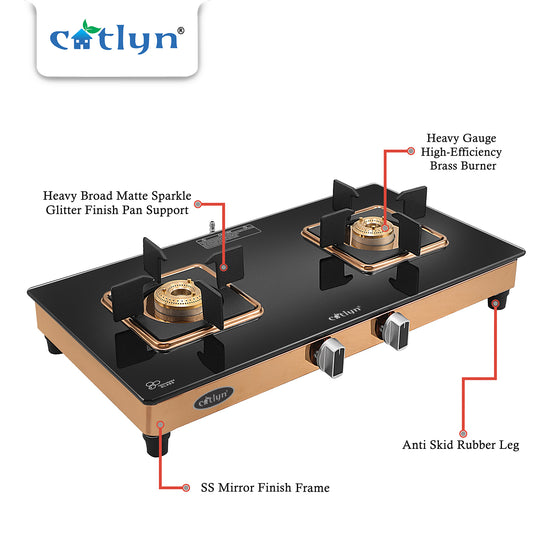 Catlyn - 2 Burner Crystal Black Glass Gas Stove with Rose Gold SS Mirror Finish Frame, Square Pan Support, Brass Top (DOOM - 2502)