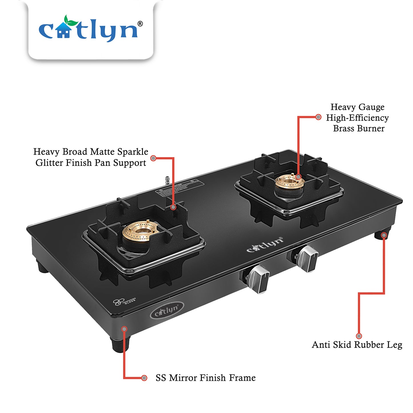 Catlyn - 2 Burner Crystal Black Glass Gas Stove with Black SS Mirror Finish Frame, Square Pan Support, Brass Top (DOOM - 2502)
