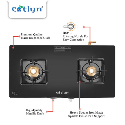 Catlyn - 2 Burner Crystal Black Glass Gas Stove with Black SS Mirror Finish Frame, Square Pan Support, Brass Top (DOOM - 2502)
