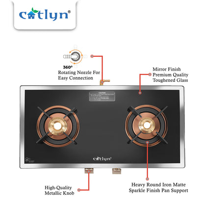 Catlyn - 2 Burner Side Mirror Glass Gas Stove with Rose Gold SS Mirror Finish Frame, Round Pan Support, Brass Top (WEGO - 2501)