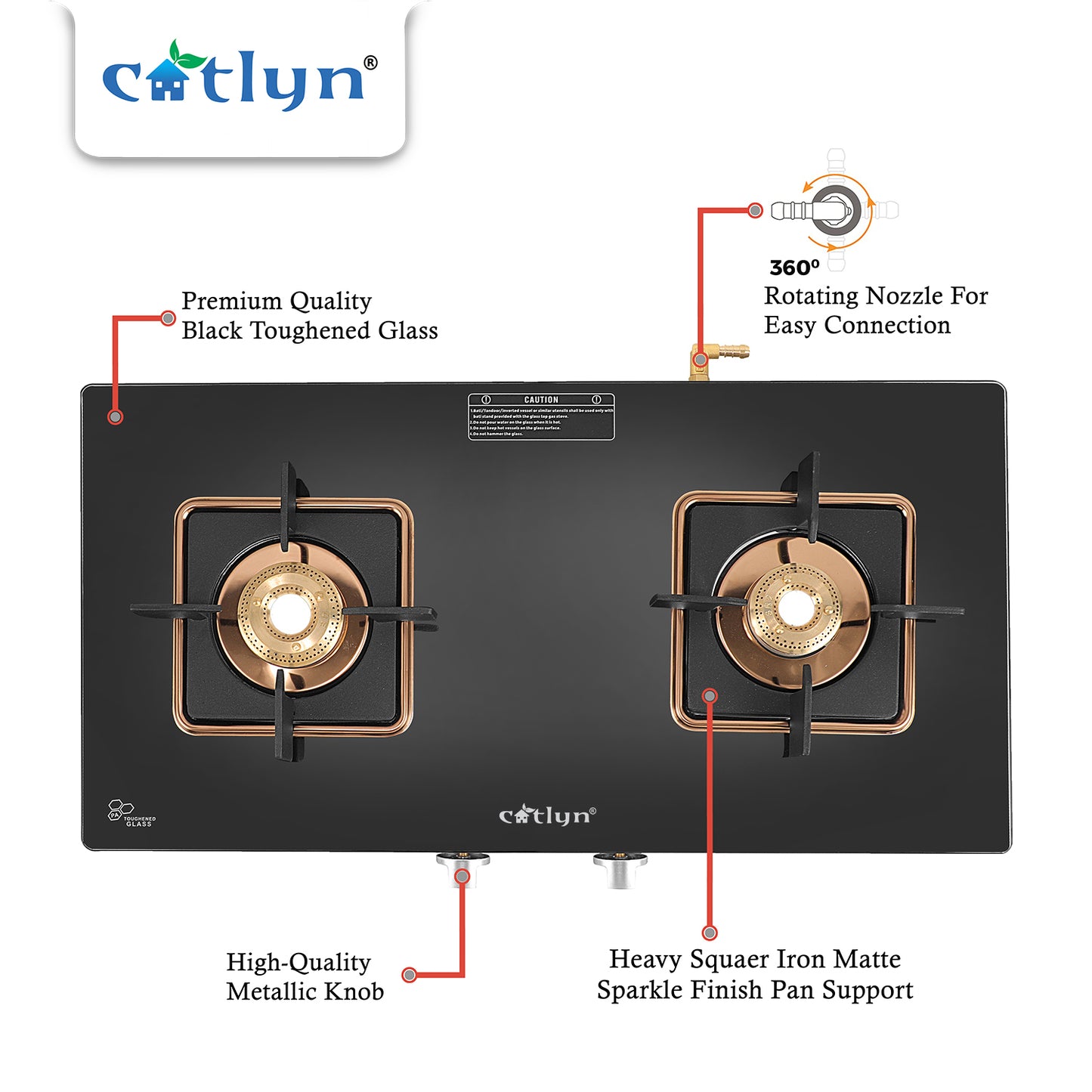 Catlyn - 2 Burner Crystal Black Glass Gas Stove with Rose Gold SS Mirror Finish Frame, Square Pan Support, Brass Top (DOOM - 2502)