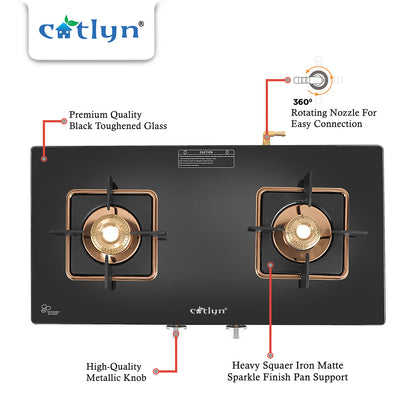 Catlyn - 2 Burner Crystal Black Glass Gas Stove with Rose Gold SS Mirror Finish Frame, Square Pan Support, Brass Top (DOOM - 2502)