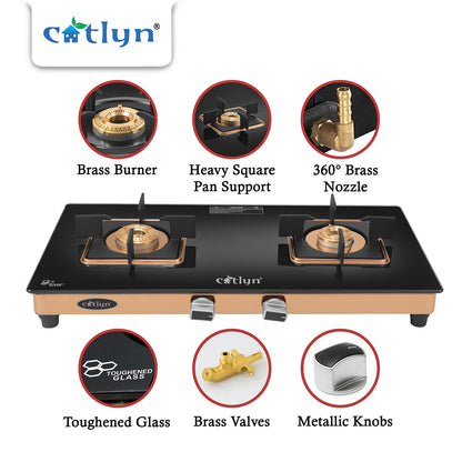 Catlyn - 2 Burner Crystal Black Glass Gas Stove with Rose Gold SS Mirror Finish Frame, Square Pan Support, Brass Top (DOOM - 2502)