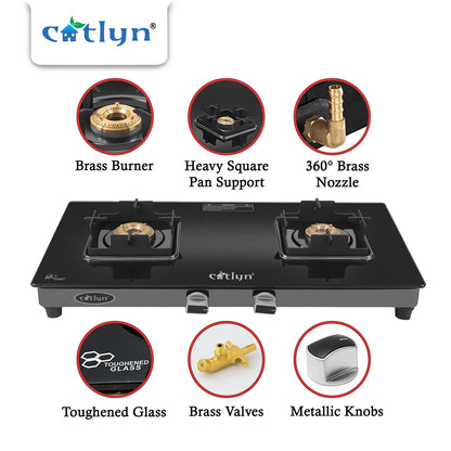 Catlyn - 2 Burner Crystal Black Glass Gas Stove with Black SS Mirror Finish Frame, Square Pan Support, Brass Top (DOOM - 2502)
