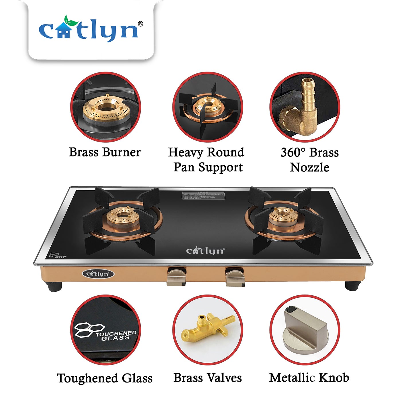 Catlyn - 2 Burner Side Mirror Glass Gas Stove with Rose Gold SS Mirror Finish Frame, Round Pan Support, Brass Top (WEGO - 2501)