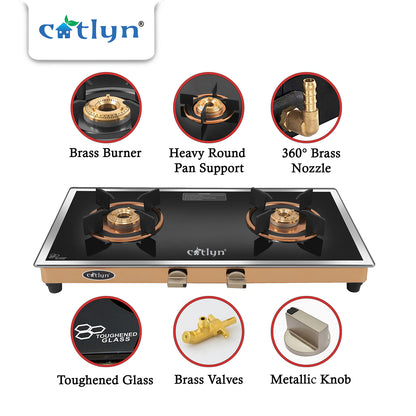 Catlyn - 2 Burner Side Mirror Glass Gas Stove with Rose Gold SS Mirror Finish Frame, Round Pan Support, Brass Top (WEGO - 2501)