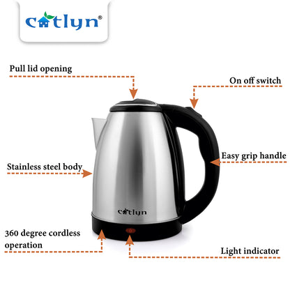 Catlyn – LUFFY Stainless Steel Electric Kettle (1500W, Silver & Black)