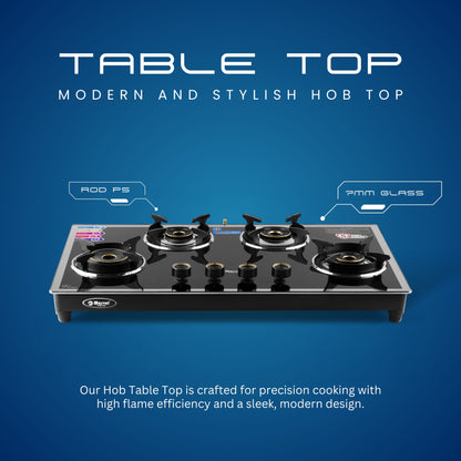 Cooktop Marvel – 4 Burner Hob Top Glass Gas Stove | Side Mirror Glass, Round Pan Support | 6G Brass Top, Manual Ignition, LPG Compatible (SONIC – 4704)