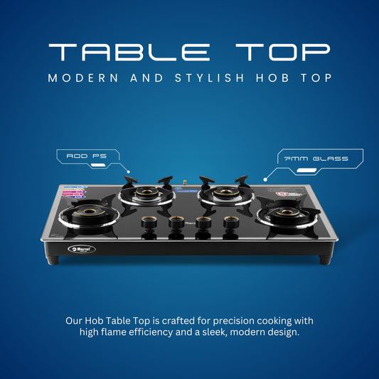 Cooktop Marvel – 4 Burner Hob Top Glass Gas Stove | Side Mirror Glass, Round Pan Support | 6G Brass Top, Manual Ignition, LPG Compatible (SONIC – 4704)