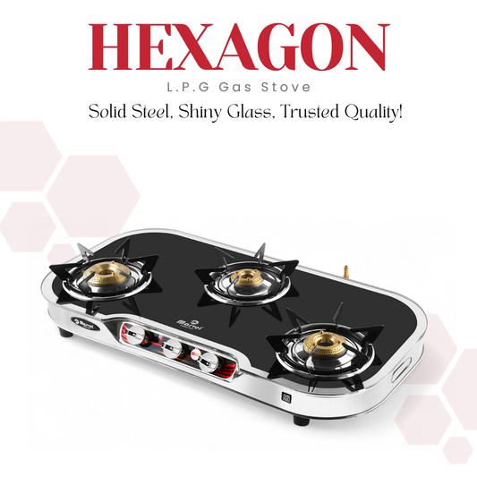 Cooktop Marvel – 3 Burner Side Mirror Glass LPG Stove with Silver SS Frame, Plus Body Frame – HEXAGON (3606)