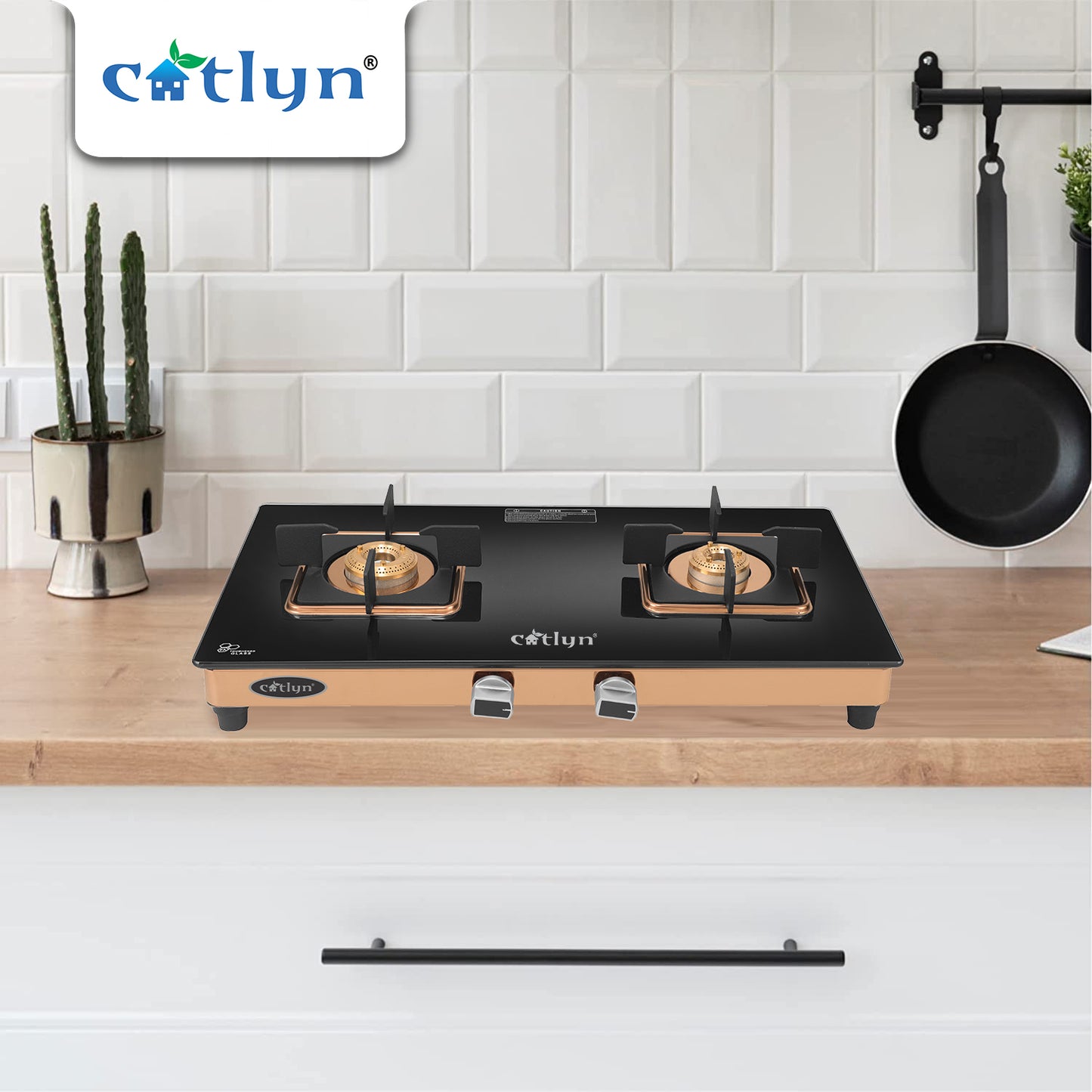 Catlyn - 2 Burner Crystal Black Glass Gas Stove with Rose Gold SS Mirror Finish Frame, Square Pan Support, Brass Top (DOOM - 2502)