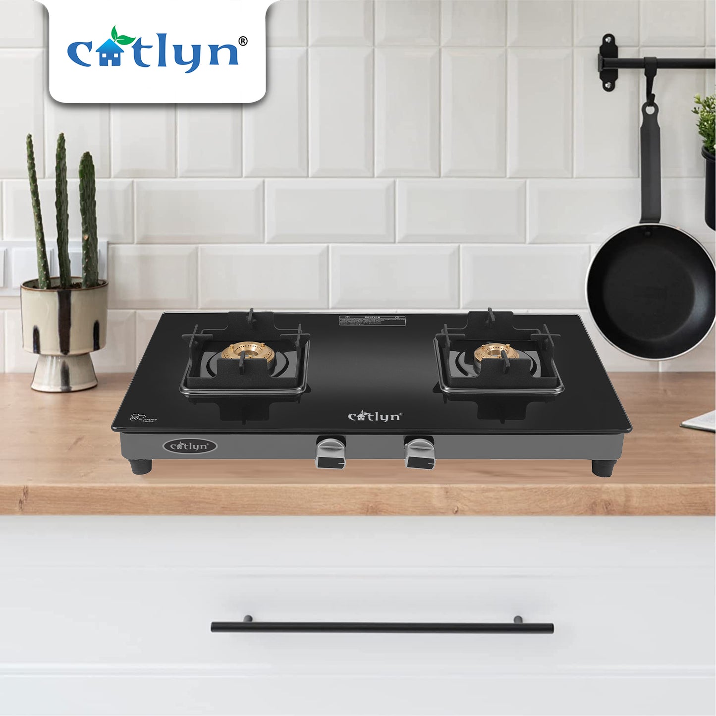 Catlyn - 2 Burner Crystal Black Glass Gas Stove with Black SS Mirror Finish Frame, Square Pan Support, Brass Top (DOOM - 2502)