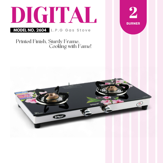 Cooktop Marvel – 2 Burner Digital Glass LPG Gas Stove, Heavy Brass Burners, Stainless Steel Frame, ISI Certified (2604)