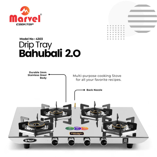Cooktop Marvel – 4 Burner Gas Stove | Glossy Mirror Body, 2mm Heavy Steel with Drip Tray | Hexa Pan Support | 6G Brass Top, LPG Compatible (ATHENA PLUS – 4303)
