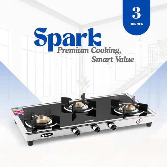 Catlyn - 3 Burner Side Mirror Glass Gas Stove with Stainless Steel Frame, Round Drip Tray, Brass Burner (SPARK RO)