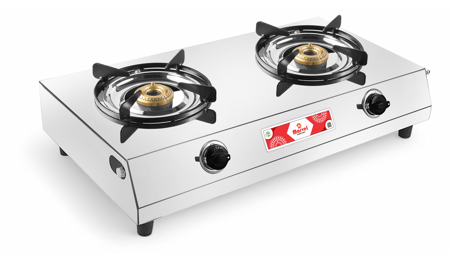 Cooktop Marvel - 2 Burner XXL Stainless Steel Gas Stove, Jointless Body, Rod Pan Support, Jumbo Brass Top (COSMOS RO - 2108)