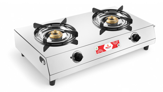 Cooktop Marvel - 2 Burner XXL Stainless Steel Gas Stove, Jointless Body, Rod Pan Support, Brass Top (COSMOS RO - 2106)